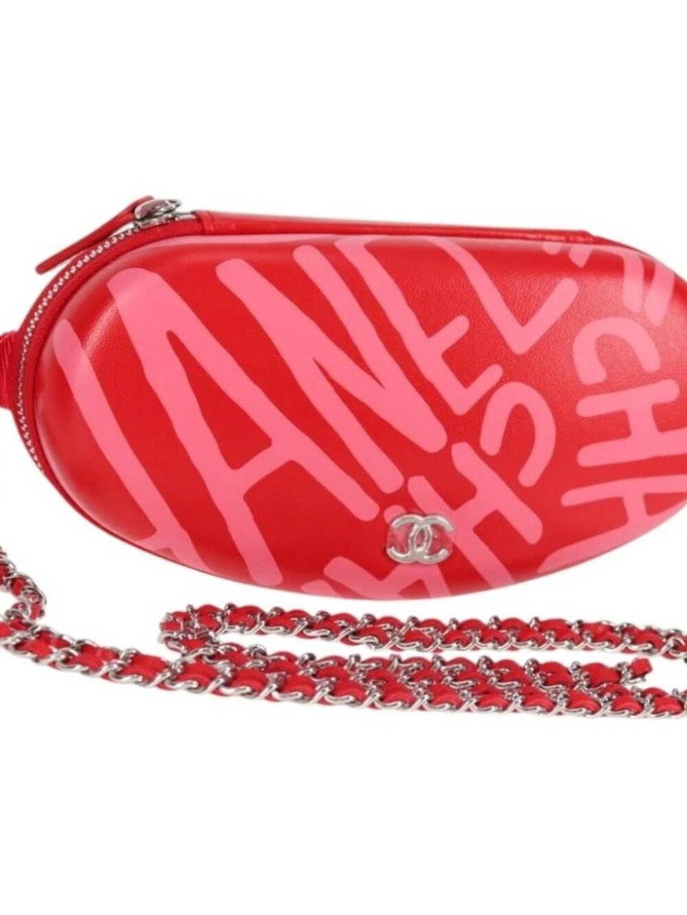 CHANEL Chain Glasses Sunglasses Case Glasses Case Leather Red CC Auth bs24979SAM